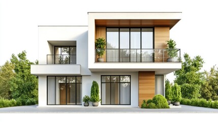 Wall Mural - Modern Two-Story House with Balcony and Greenery