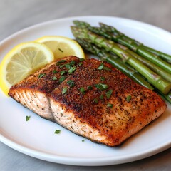 Wall Mural - Deliciously Grilled Salmon with Lemon and Asparagus Home Kitchen Food Cozy Dining Environment Close-Up View Culinary Delight