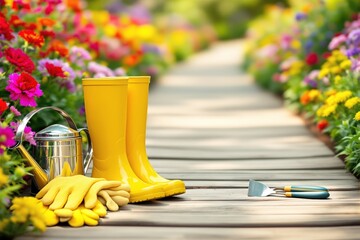 Gardening tools with yellow boots, gloves, and watering can on a wooden path surrounded by colorful flowers, sunny garden concept. Ai generative