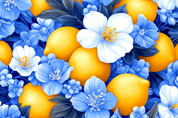 A blue and white floral background with a bunch of oranges and white flowers. The oranges are in various positions and sizes, and the flowers are scattered throughout the background