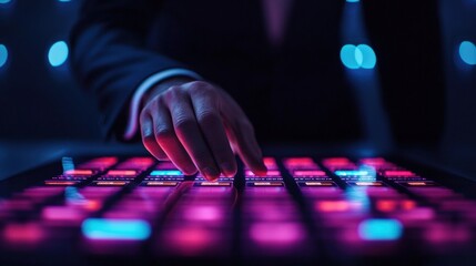 Poster - Businessman operating interactive holographic interface in dark environment
