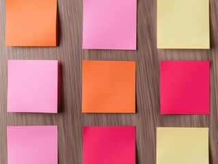Poster - Colorful sticky notes arranged on wooden table for brainstorming