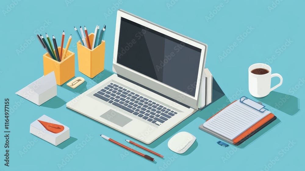 A modern workspace featuring a laptop, stationery, and a coffee cup.