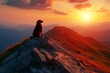 © alisya - Silhouette of a dog sitting on a mountain peak at sunset.