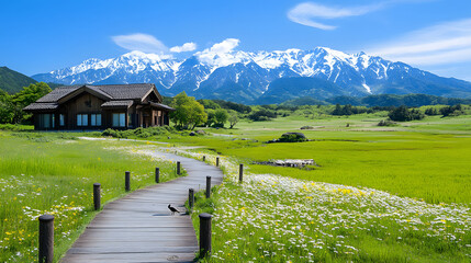 Aufkleber - Serene landscape featuring mountains, a cozy house, and a vibrant green field under a clear blue sky