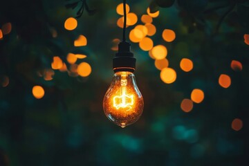 Poster - Glowing vintage light bulb hanging outdoors at night with bokeh lights.