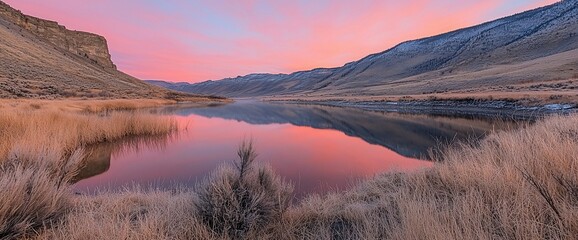 Poster - Calm lake reflecting pink sunrise over mountains and dry grass.