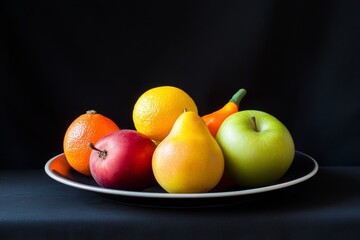 Poster - Colorful fruits; orange, lemon, pear, apple, and red apple on a dark plate against a black background.
