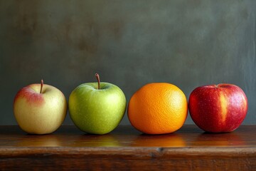 Poster - Four fresh fruits; apple, green apple, orange, red apple on wooden surface.