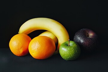 Poster - Still life of oranges, bananas, green apple, and purple apple on black background.