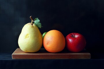 Poster - Still life of pear, grapefruit, and apple on wooden board against dark background.