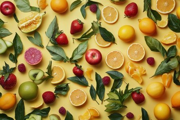 Wall Mural - Vibrant flat lay of assorted fresh fruits and green leaves on yellow background.