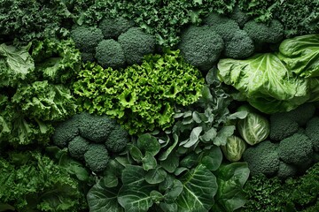 Poster - Lush green leafy vegetables and broccoli background.