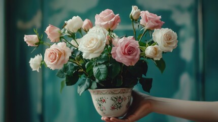 Poster - Beautiful Arrangement of Pink and White Roses in Elegant Vase