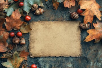 Wall Mural - Autumn leaves with acorns, viburnum berries and blank card on brown grunge background 