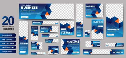 Fototapete - Set of business banner templates with blue background. Modern technology design, abstract background layout with photos. Editable Vector collection corporate banner.