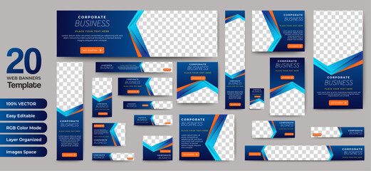 Fototapete - Set of business banner templates with blue background. Modern technology design, abstract background layout with photos. Editable Vector collection corporate banner.
