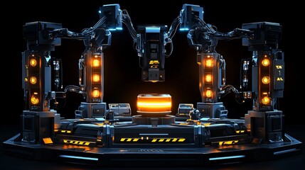 Poster - advanced robotic repair station with glowing energy cores and automated maintenance drones
