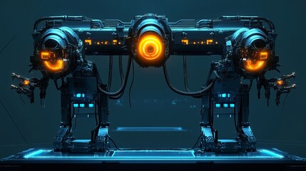 Poster - advanced robotic repair station with glowing energy cores and automated maintenance drones