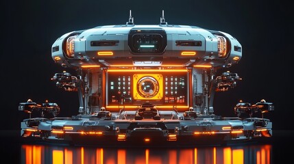 Poster - advanced robotic repair station with glowing energy cores and automated maintenance drones