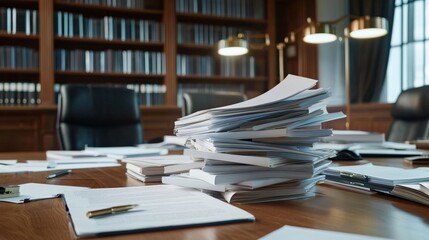 Poster - A legal assistant organizing case files on a large wooden table in a law office.