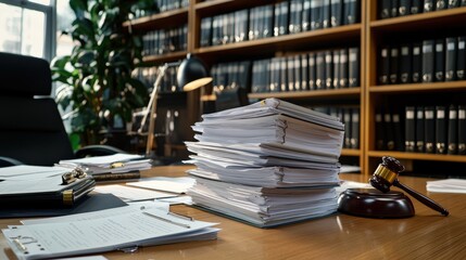 Poster - A legal assistant organizing case files on a large wooden table in a law office.