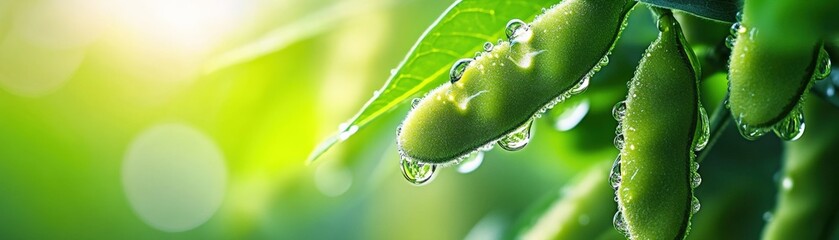 Poster - A detailed macro shot of soybean pods covered in morning dew, hanging from their green stalks.