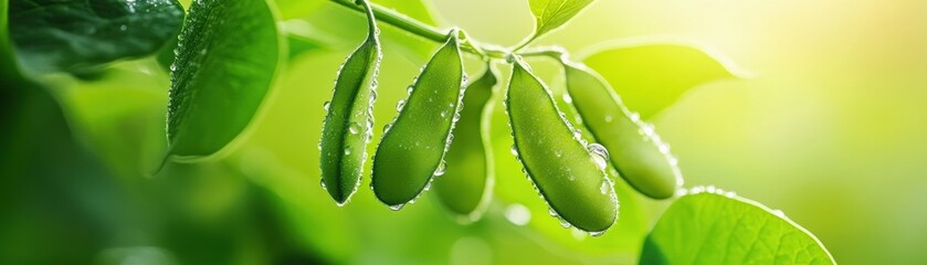 Poster - A detailed macro shot of soybean pods covered in morning dew, hanging from their green stalks.