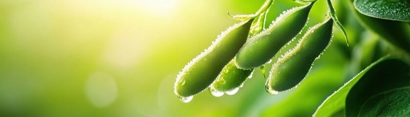 Poster - A detailed macro shot of soybean pods covered in morning dew, hanging from their green stalks.
