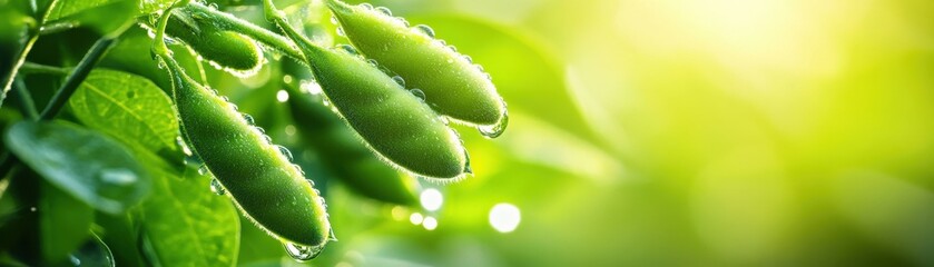 Poster - A detailed macro shot of soybean pods covered in morning dew, hanging from their green stalks.