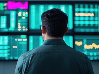 Poster - Businessman analyzing data on multiple screens in control room
