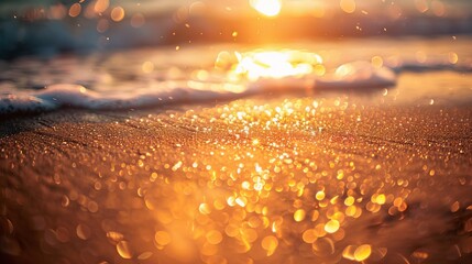 Wall Mural - closeup seaside sand reflecting orange and golden sunset skies, panoramic beach horizon, calm tropic