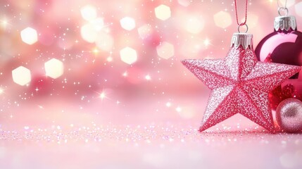 Poster - Starry abstract background idea. Festive decorations feature a sparkling star and ornaments against a soft background.