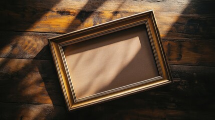 Poster - A blank wooden frame laying flat on a wooden table with a soft shadow effect. Background gradient adds depth and ample copy space for text or images.