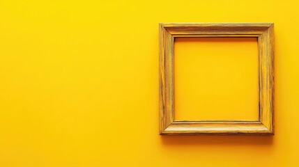 Poster - A blank wooden frame resting against a bright yellow background with a minimal and cheerful aesthetic. Generous copy space for text or images.