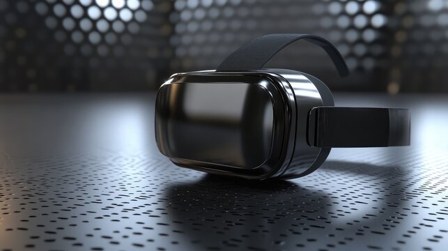 A black VR headset displayed on a metallic surface with dramatic lighting. Ample empty space for branding or text overlays.