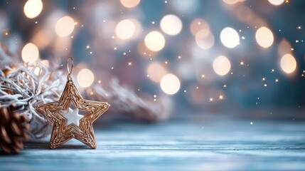 Poster - Starry abstract background idea. A golden star ornament shines amid festive bokeh lights for a cozy holiday atmosphere.