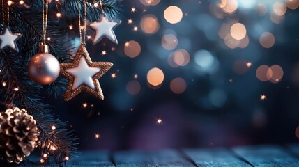Poster - Starry abstract background idea. Beautiful Christmas decorations with shimmering lights and ornaments creating a festive mood.