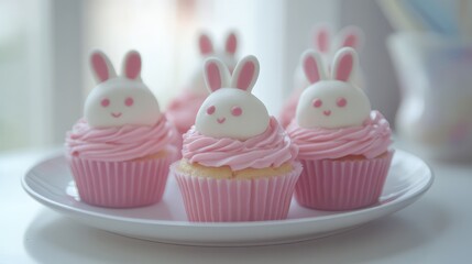 Poster - A clean and modern display of pastel bunny cupcakes arranged on a smooth white plate, with room for design elements.