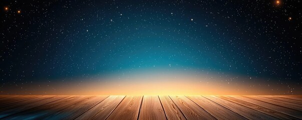 Poster - Starry abstract background idea. Stunning starry night sky over a wooden deck with serene horizon glow.