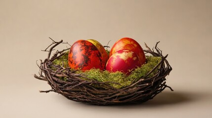 Poster - A close-up of a decorative nest made of twigs and moss, holding vibrant Easter eggs, set on a neutral beige background with ample copy space.