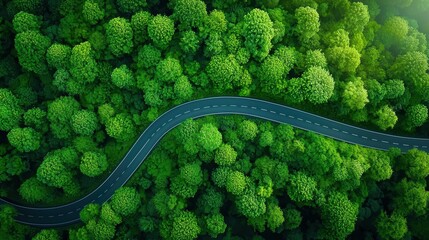 Poster - An aerial view of an empty highway winding through a dense forest, with the road appearing as a lonely ribbon cutting through the green expanse.