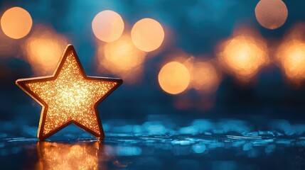 Poster - Starry abstract background idea. A sparkling star decoration shining bright against a blurred bokeh background.