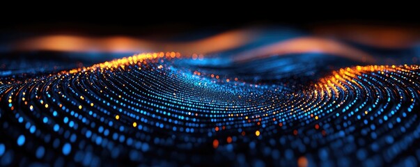 Poster - Starry abstract background idea. Abstract image of a digital wave with glowing particles in blue and orange tones.