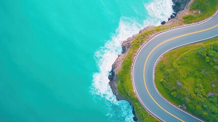 Poster - a winding coastal road hugging the cliffs, with the vast ocean stretching towards the horizon and cr