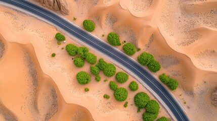 Poster - an aerial view of a road network cutting through a desert, with occasional oases and settlements bre