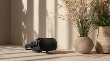 Poster - A modern VR headset sitting on a soft beige background, blending technology with a minimalist, natural aesthetic.
