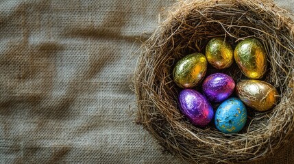 Poster - A natural bird's nest filled with small chocolate eggs, displayed on a rustic burlap cloth with a festive and cozy feel.