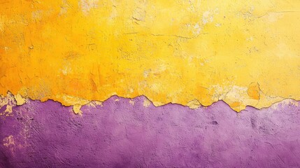 Poster - Torn abstract background concept. Vibrant yellow and purple wall texture with peeling paint creating artistic background.