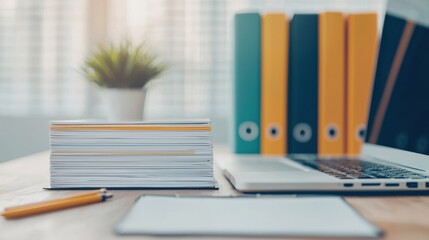 Poster - Stack of folders and files resting on entrepreneur's desk with laptop and binders, representing disciplined mindset